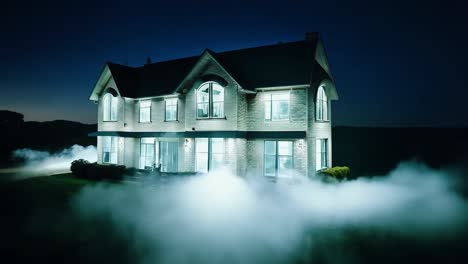a creepy, fog-shrouded house at night