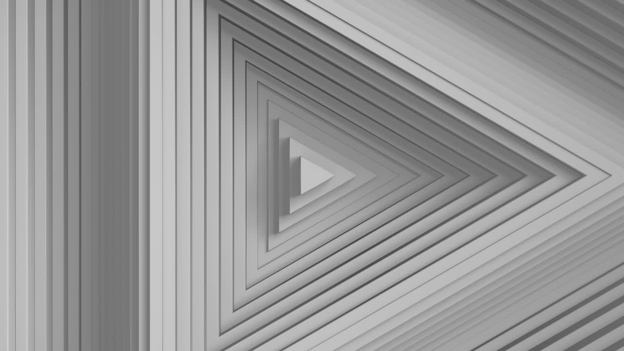 The play symbol. Abstract triangle pattern with offset effect. Animation of white pure triangular rings . Abstract background for a business presentation. Seamless loop 4k 3d rendering.