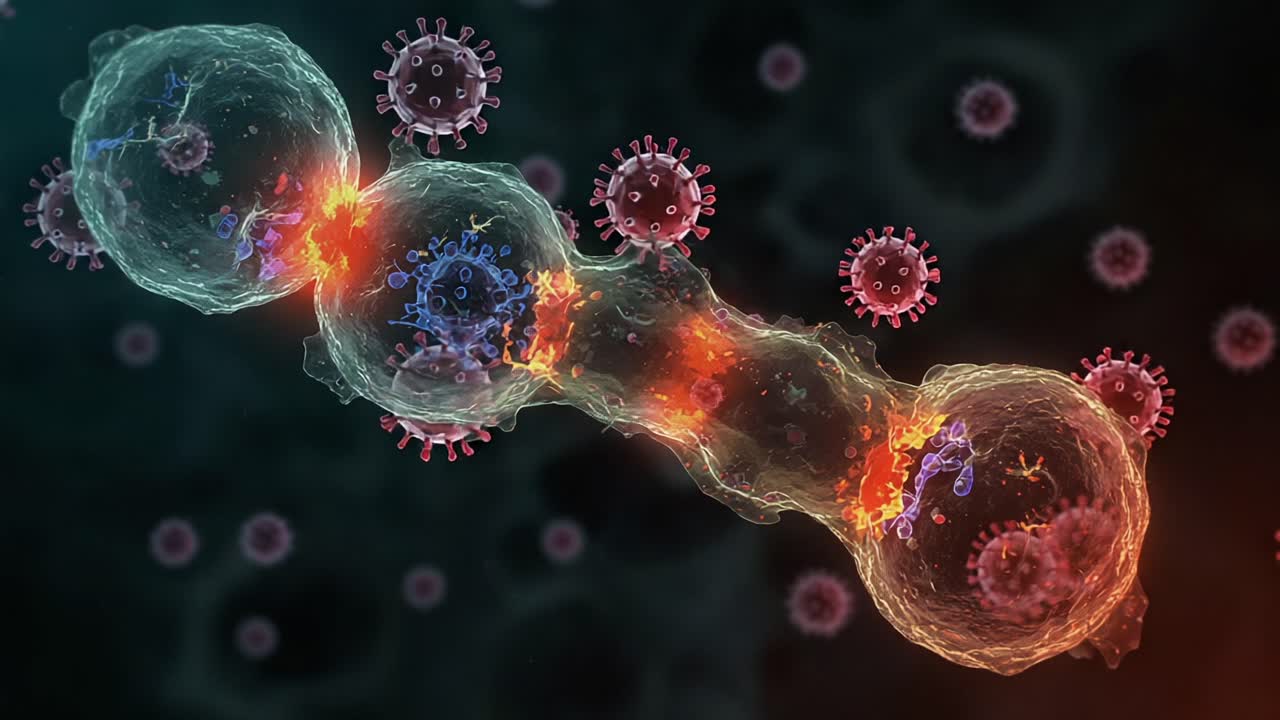 Interazione microscopica tra cellule e virus: un'affascinante visualizzazione dei processi cellulari e degli attacchi virali, vista attraverso le lenti di tecniche di imaging avanzate