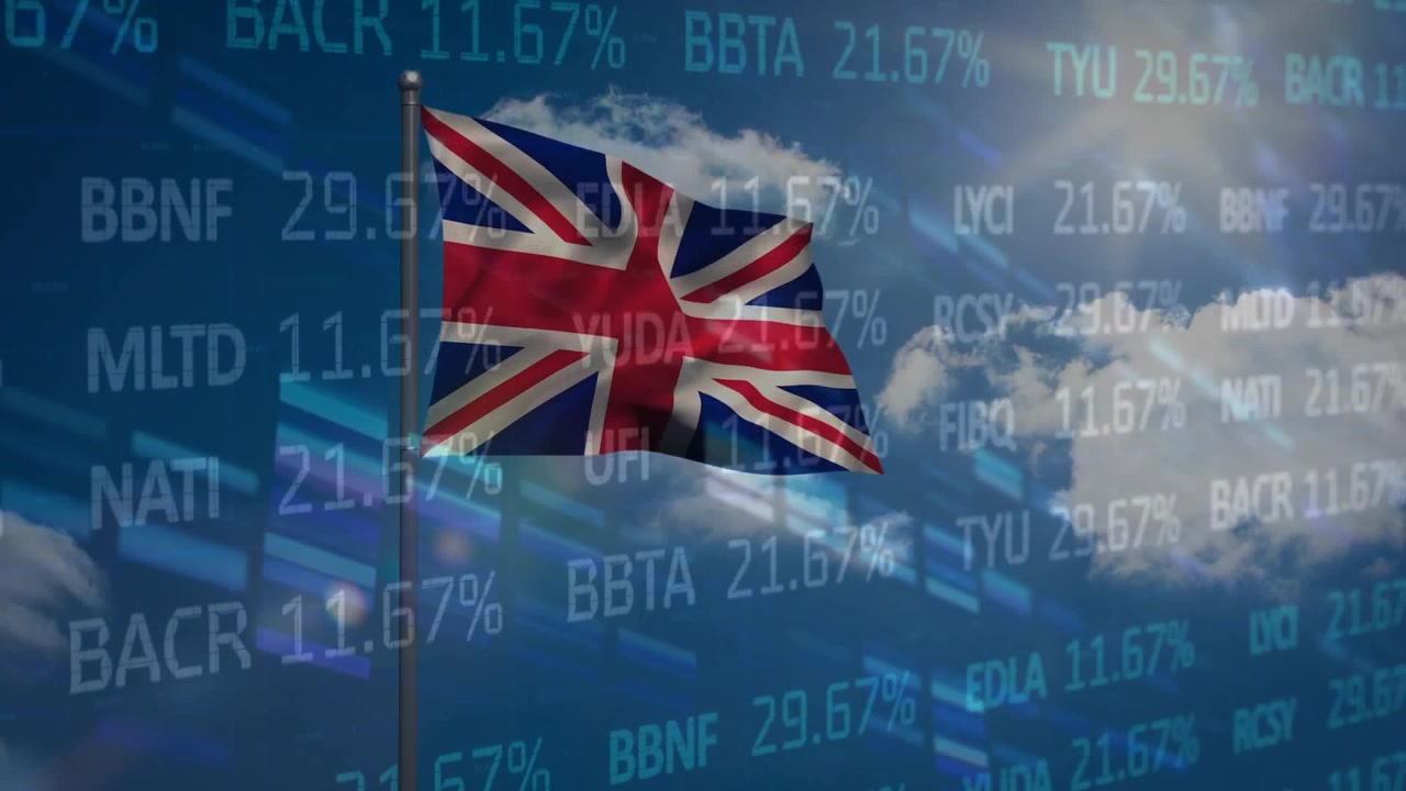 Animazione di elaborazione dati di borsa su bandiera del Regno Unito sventolante contro nuvole nel cielo blu.