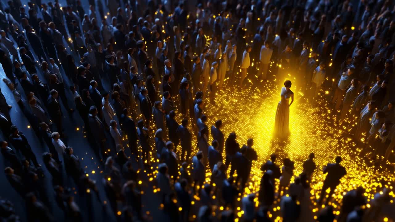 A Radiant Figure Stands Alone Amidst a Sea of Spectators, Illuminated by Glowing Particles, Creating an Enchanting Atmosphere of Anticipation and Wondering Gazes in a Darkened Space