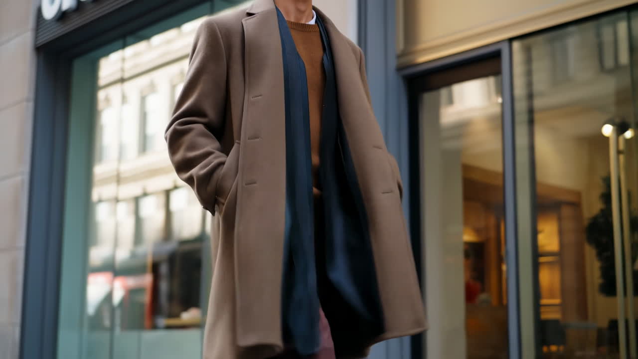 Uomo elegante cammina davanti a una vetrina in città. Indossa un cappotto color cammello e un maglione color ruggine, con le mani in tasca. Inquadratura a mezzo busto, riflessi del centro cittadino.