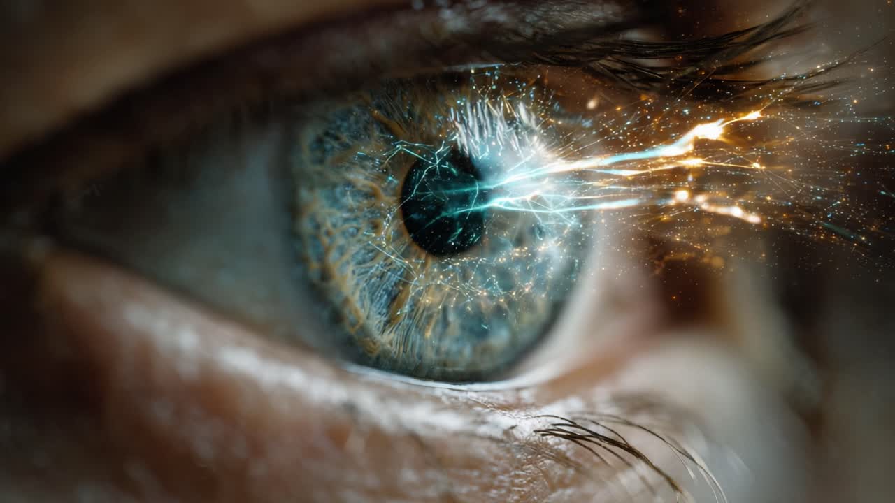Extreme close up of a blue human eye receiving a stream of digital light information, causing the pupil to dilate and the eyelid to blink in reaction to the visual data overload