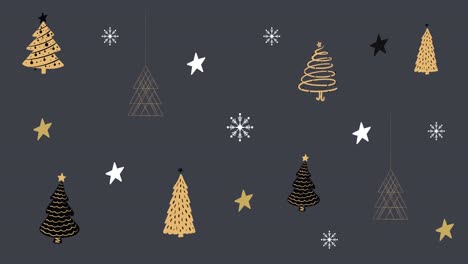 Multiple-Christmas-trees-and-stars-against-grey-background