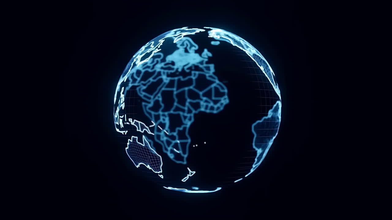 Rotating Blue Digital Wireframe Globe Showing Global Network