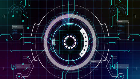 animation of processing circle over integrated circuit and colorful lights in digital space