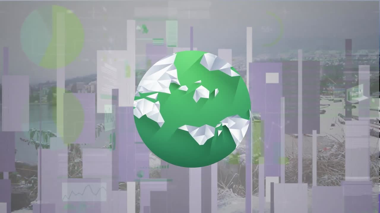 animación de datos financieros y gráficos sobre el mundo y el paisaje urbano