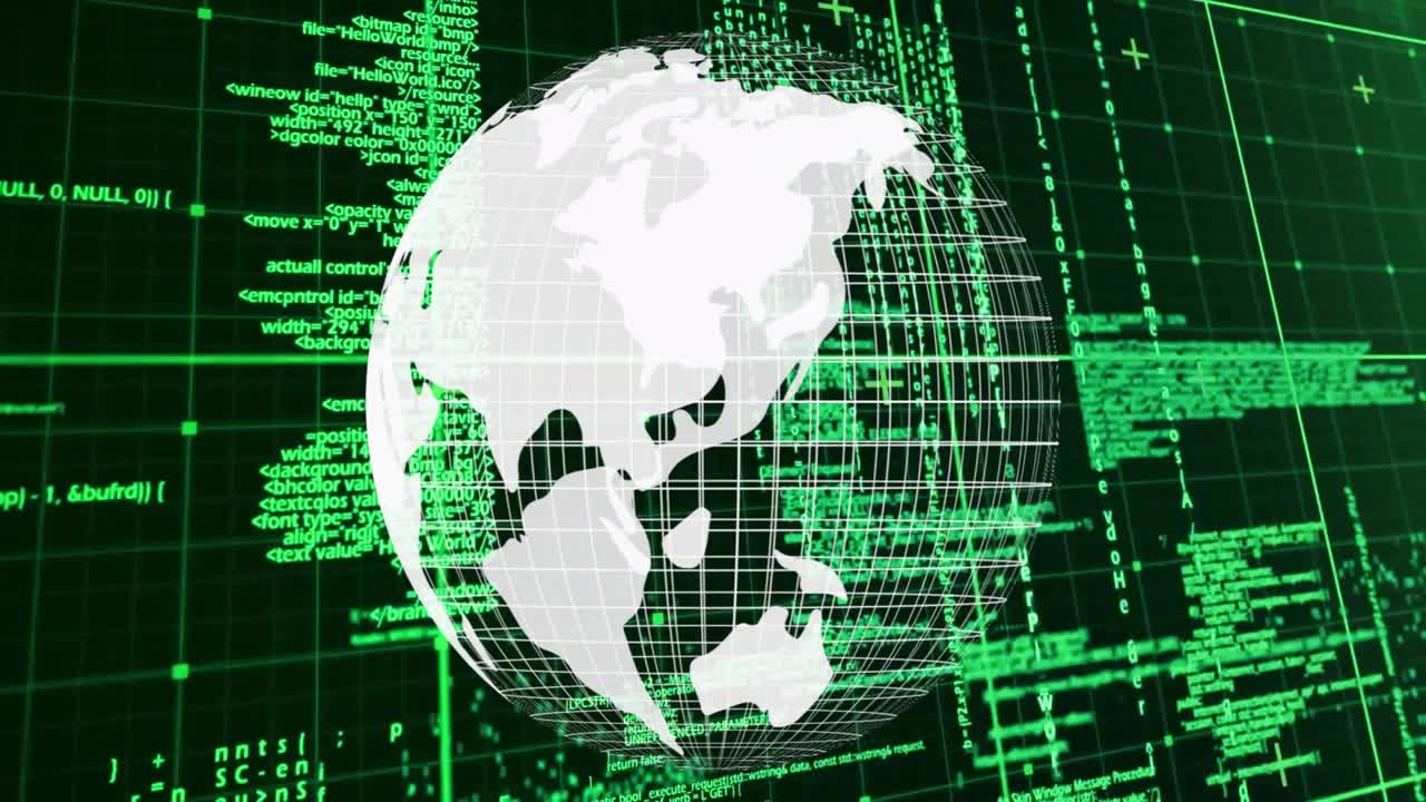 On start 3D wireframe globe slowly rotating to reveal regions with code streams showing data flow