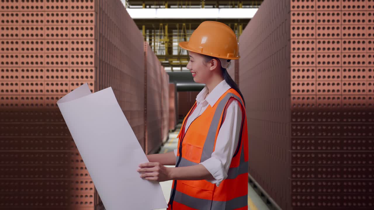 Side View Of Asian Female Engineer With Safety Helmet Looking At Blueprint In Her Hands And Looking Around While Standing With Red Brick Packed in Stacks Are Stored