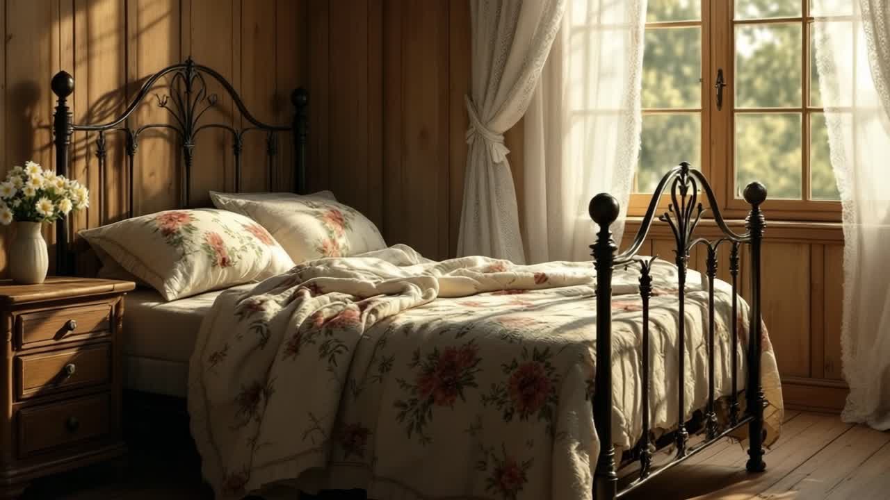 Cozy bedroom scene with floral bedding and natural light streaming through the window