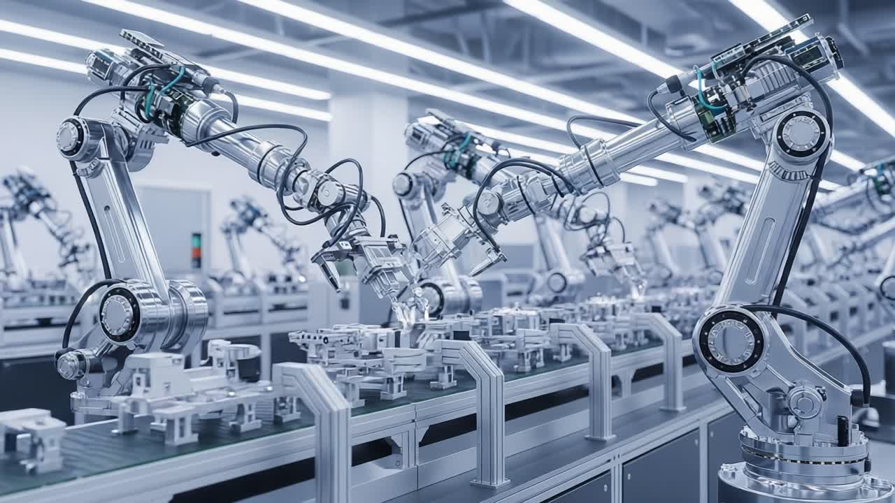 Advanced Industrial Robotics: A Cutting-Edge Assembly Line Showcasing the Precision and Efficiency of Modern Robotic Automation in Manufacturing Environments