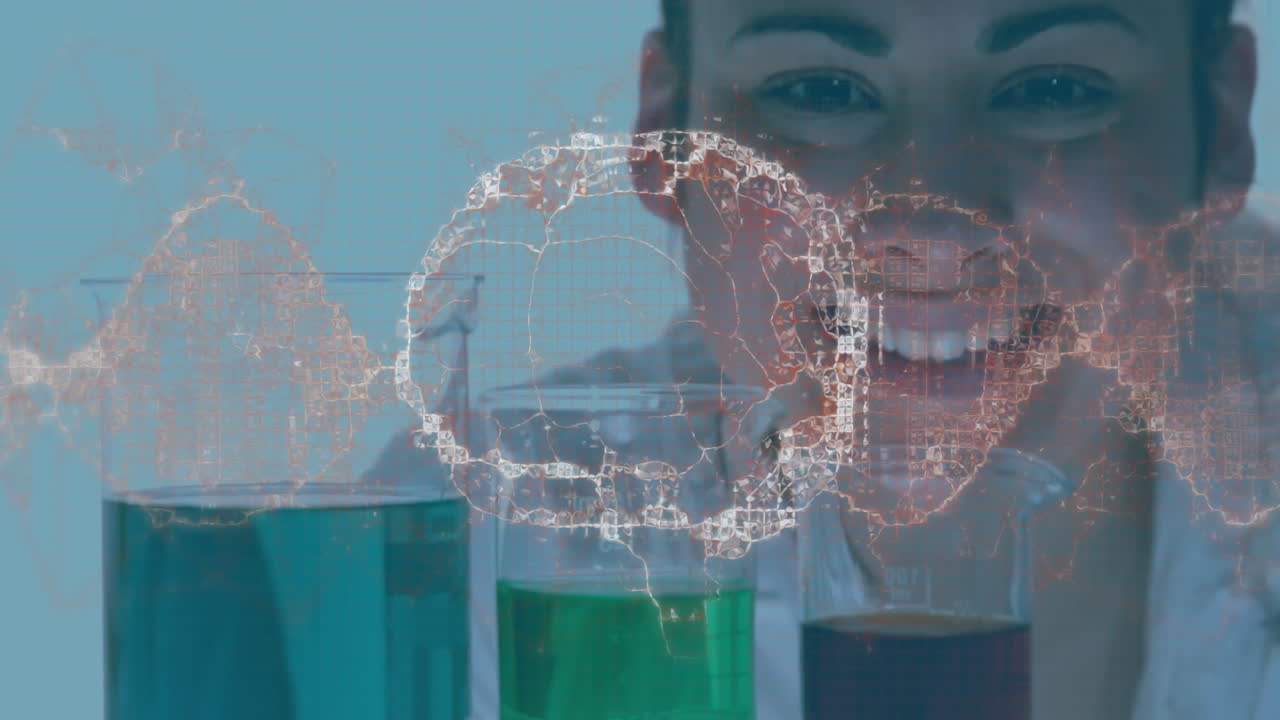 científico sonriente con vasos y animación de cadena de adn