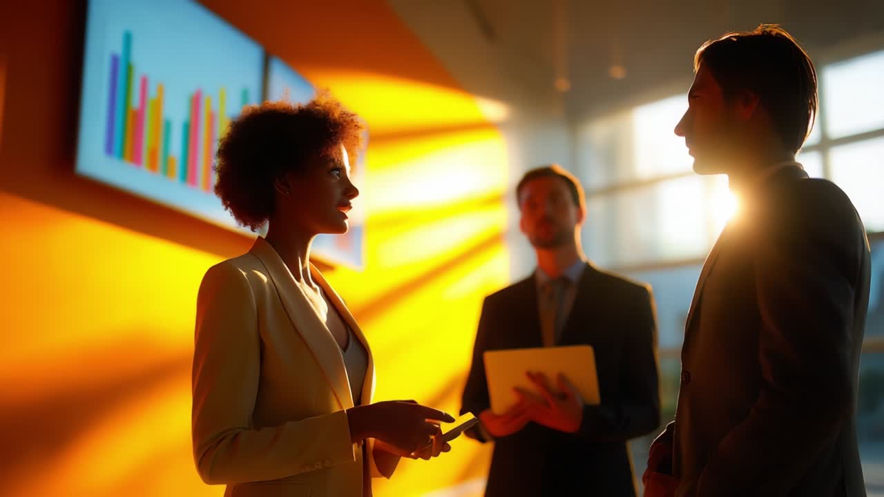Business Professionals in Dynamic Discussion Amidst Dramatic Lighting Conditions, Capturing Engaging Conversation and Collaboration in a Modern Workspace with Visual Presentations in the Background