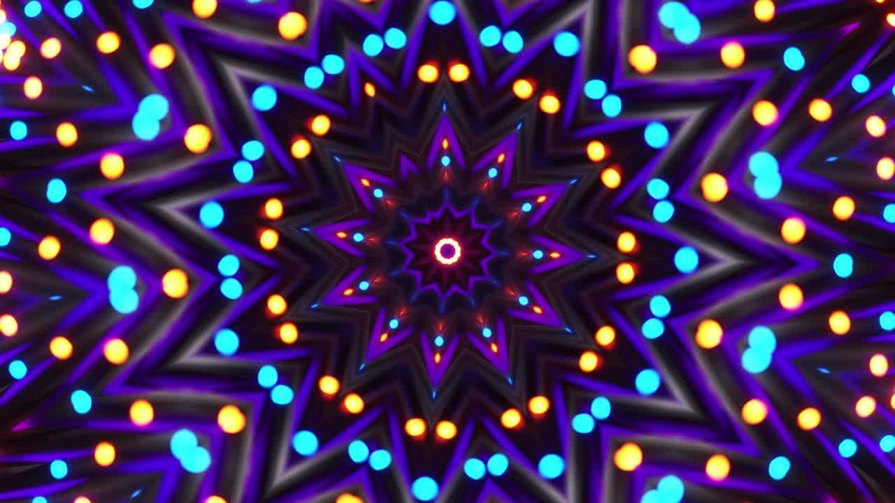 Very colorful and bright star with circular design. Kaleidoscope VJ loop