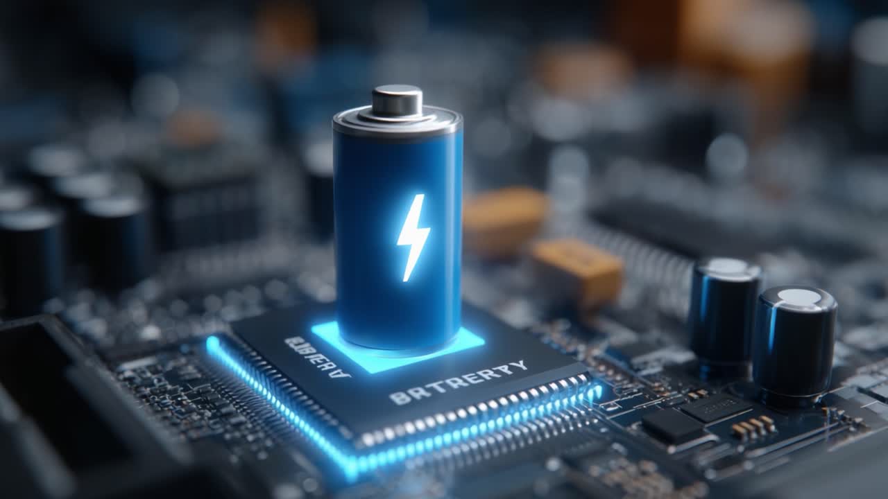 Una vista ravvicinata di un'icona di batteria che si illumina prominentemente su un chip di computer, rappresentante energia, transizioni di potenza e il ruolo vitale delle batterie nella tecnologia odierna.