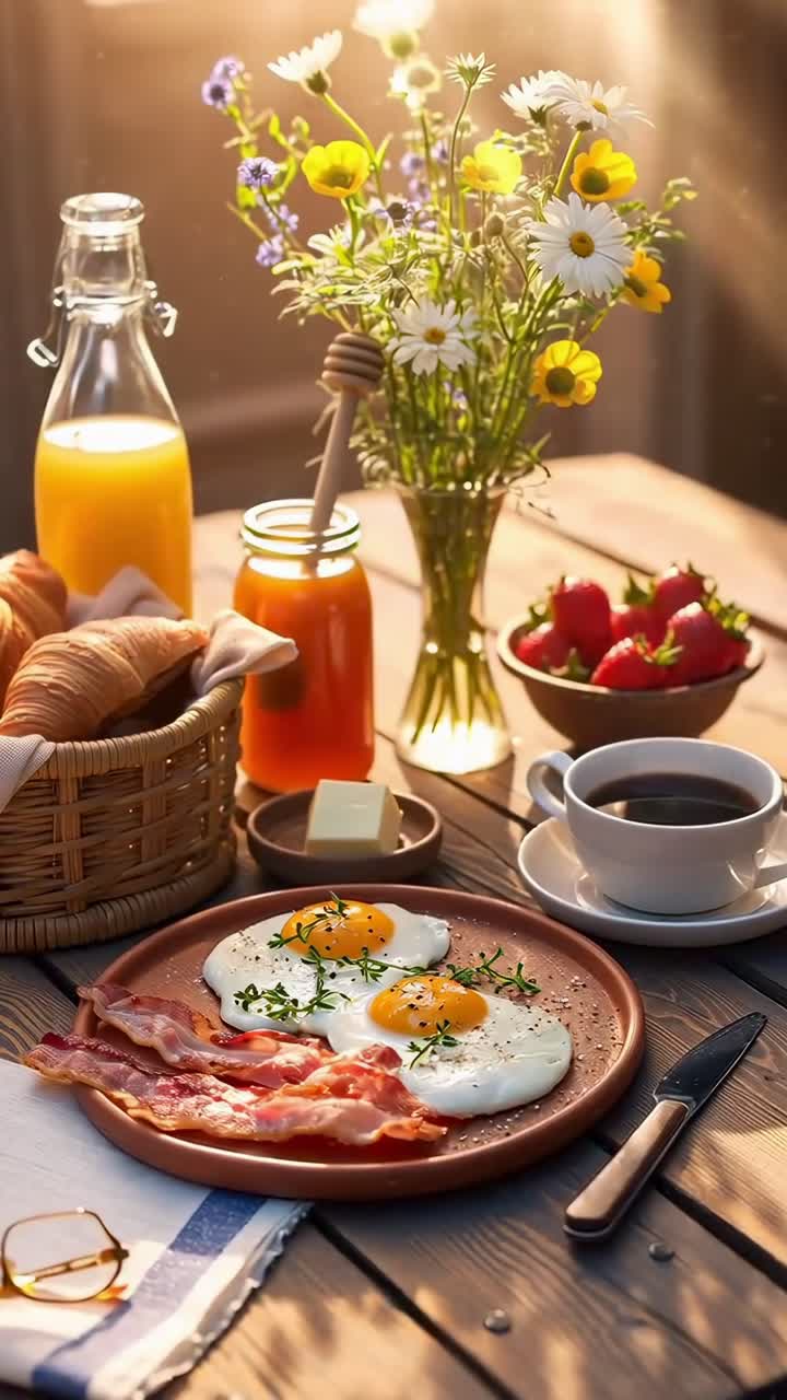 Video cenital de un desayuno rústico con huevos, tocino y flores bajo la cálida luz del sol