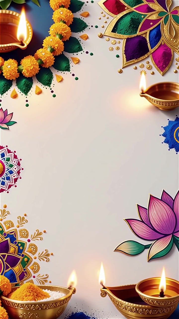 Sfondo Diwali con Diyas luminosi, Rangoli e fiori di loto