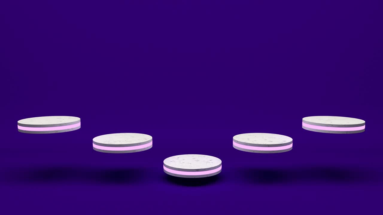 Golden product stand futuristic or podium pedestal on empty display growing flashing light with blue backdrops. 3D rendering. seamless loop.