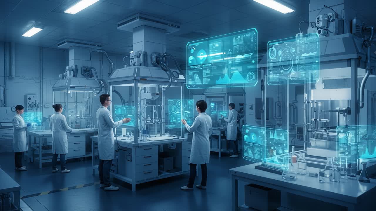 Understanding Innovative Laboratory Techniques Through Advanced Data Visualization in a Modern Research Facility, Showcasing Collaboration and Cutting-Edge Technologies