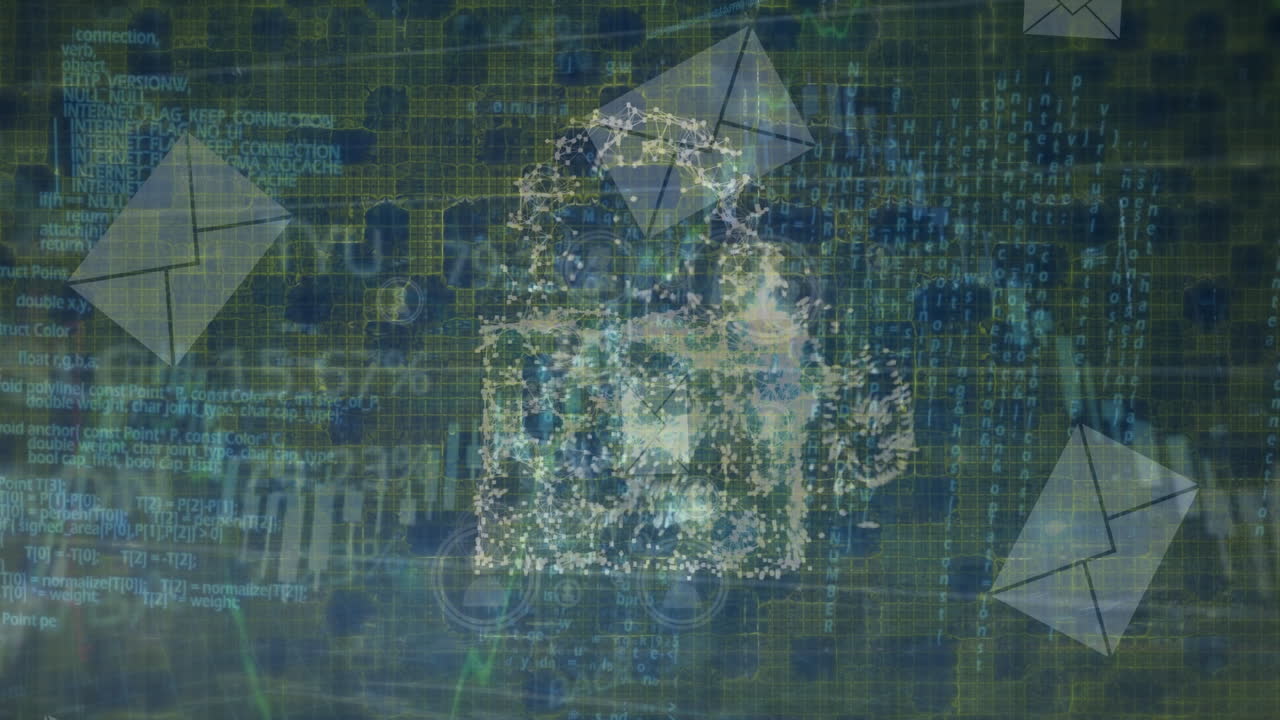animación de iconos de mensajes que caen sobre el icono del candado de seguridad y procesamiento de datos del mercado de valores