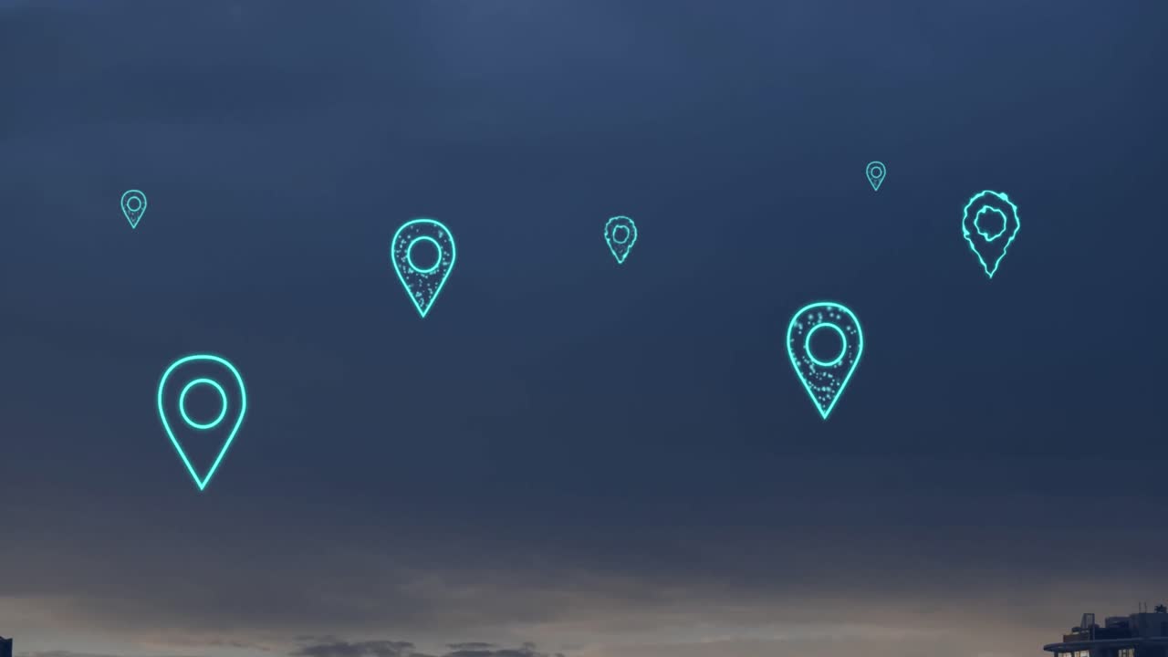 animación de iconos de ubicación digitales que vuelan sobre el paisaje.