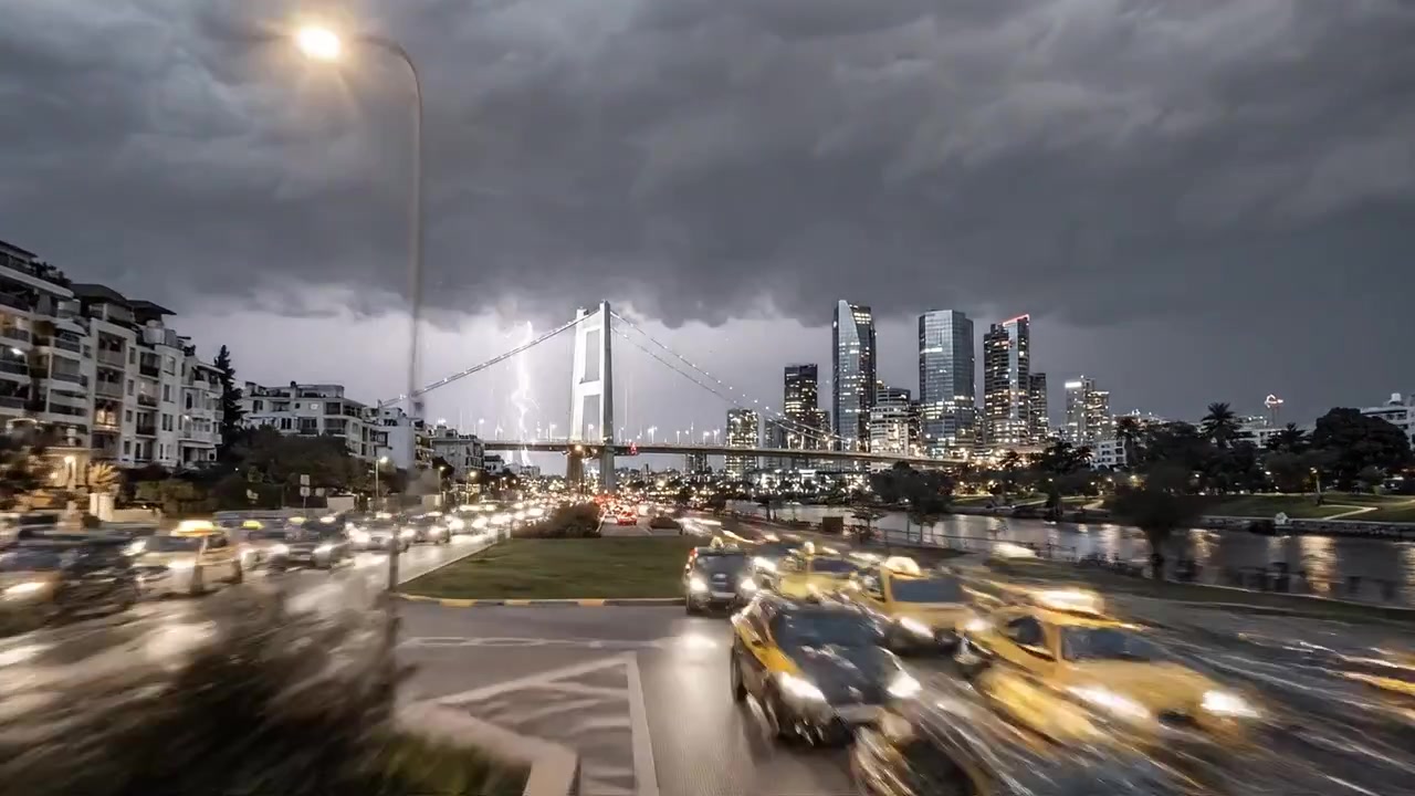 Vibrant Cityscape at Dusk: A Lively Urban Scene with a Beautiful Bridge, Flowing Traffic, and Dramatic Cloudy Skies Captured in Two Stunning Frames
