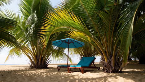 tropical beach scene with palm trees, umbrella, and lounge chair
