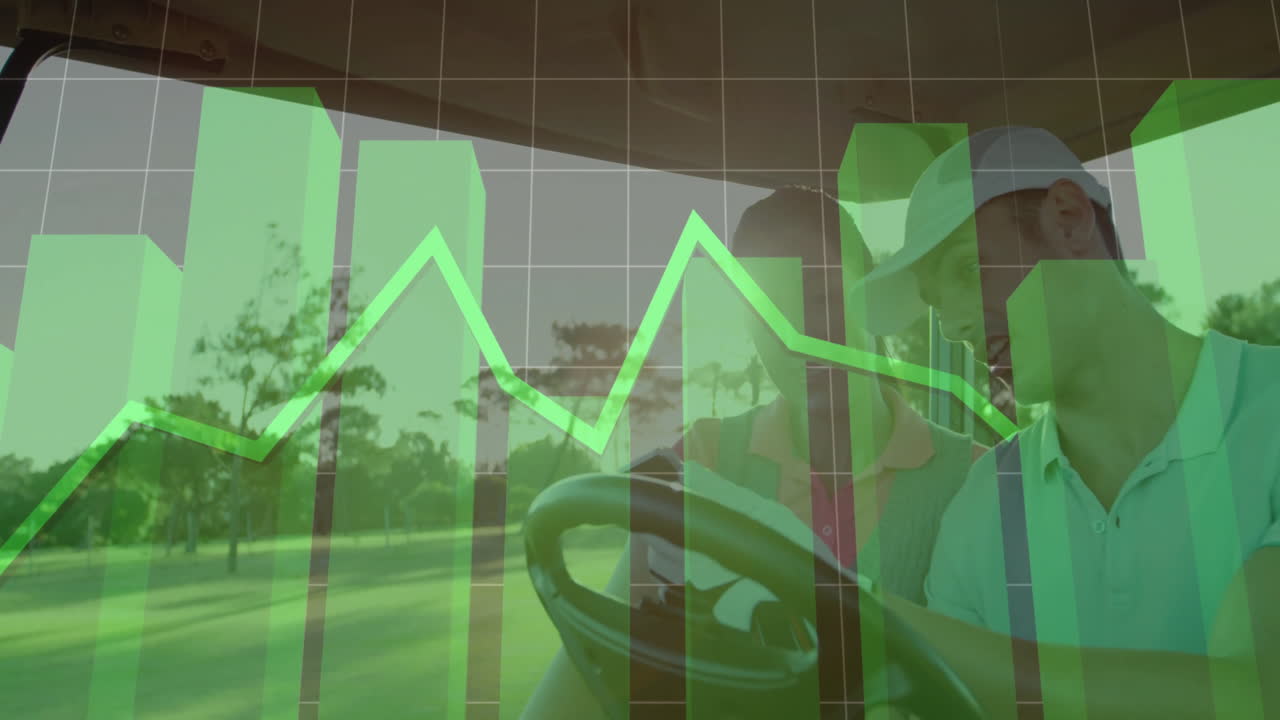 two golf partners riding golf cart, displaying green bar chart and finance line graph overlay