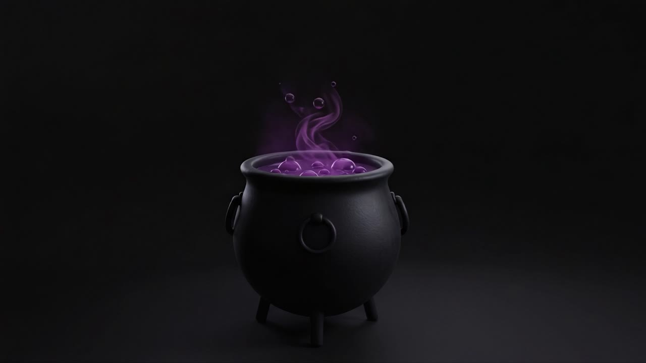 A Mysterious Black Cauldron with Purple Smoke and Bubbles Rising: A Magical Essence Brewing in an Enigmatic Atmosphere of Alchemy and Fantasy