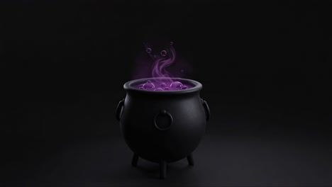 a mysterious black cauldron with purple smoke and bubbles rising: a magical essence brewing in an enigmatic atmosphere of alchemy and fantasy