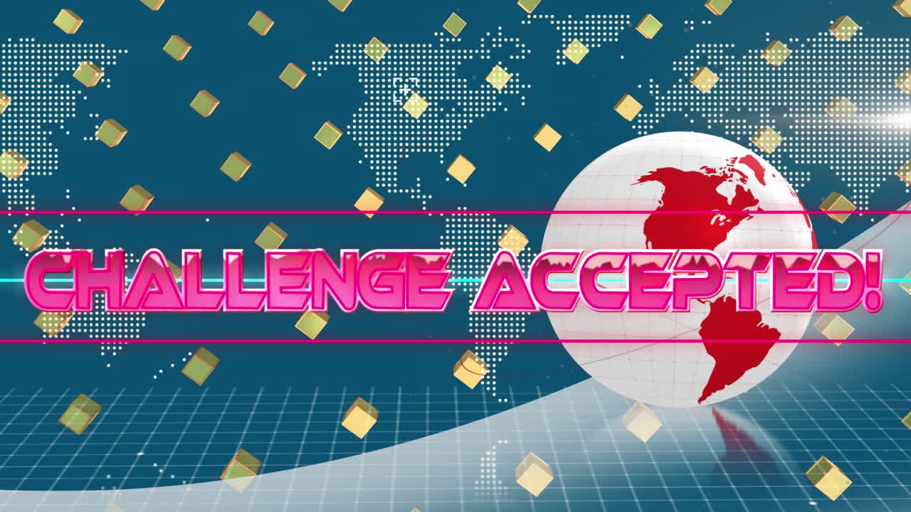 도전 받아들여진 텍스트의 애니메이션 그래픽 회전 지구와 루프로 움직이는 지도 위의 상자