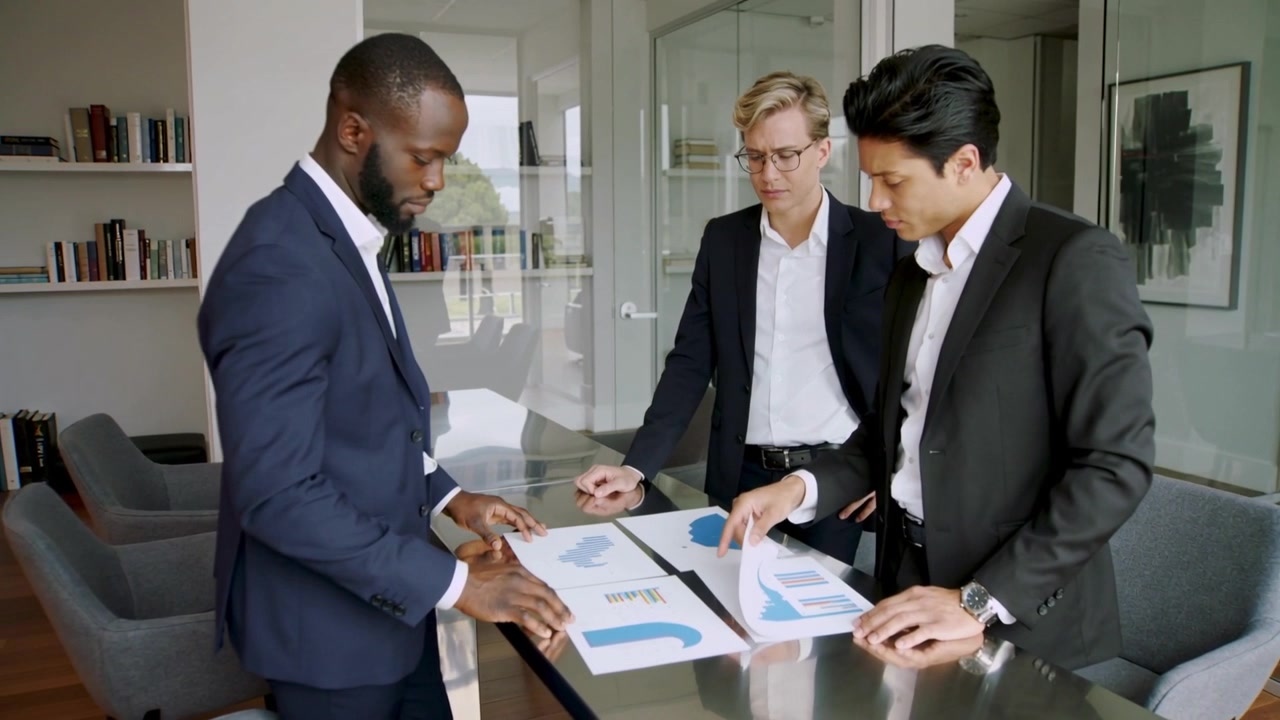 Đặt hai báo cáo, ba đồng nghiệp mặc vest đang phân tích các biểu đồ màu xanh trên bàn, chỉ vào các biểu đồ.