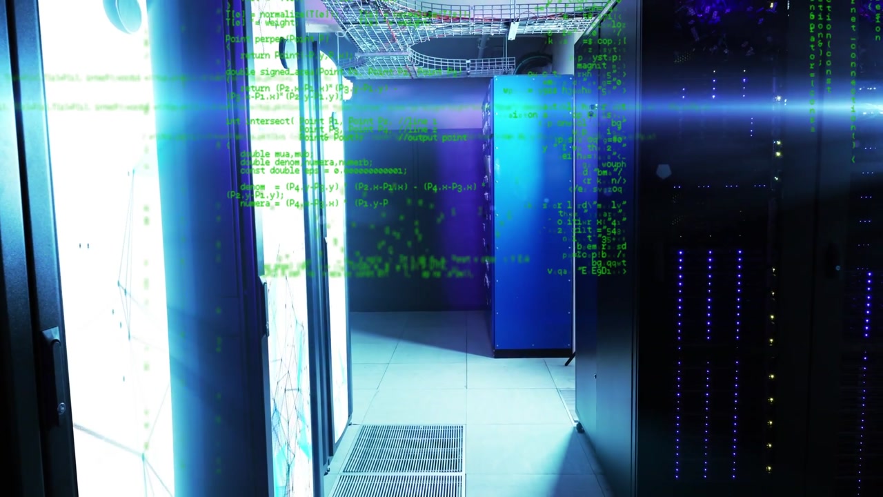 Server aisle revealing racks, green code overlay scrolling and fading for data center visibility