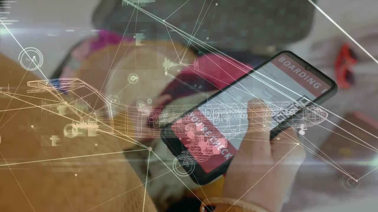 animación de una red de conexiones sobre una mujer biracial en hijab usando un teléfono inteligente