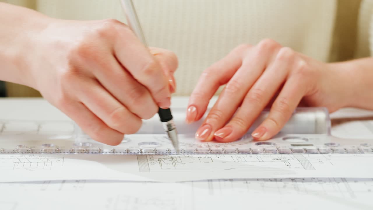 Close-up of hands working on architectural or engineering blueprints with a ruler and pen