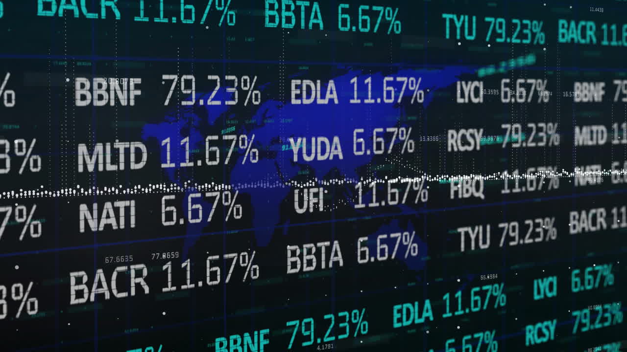 Animation of financial data processing over world map on dark background