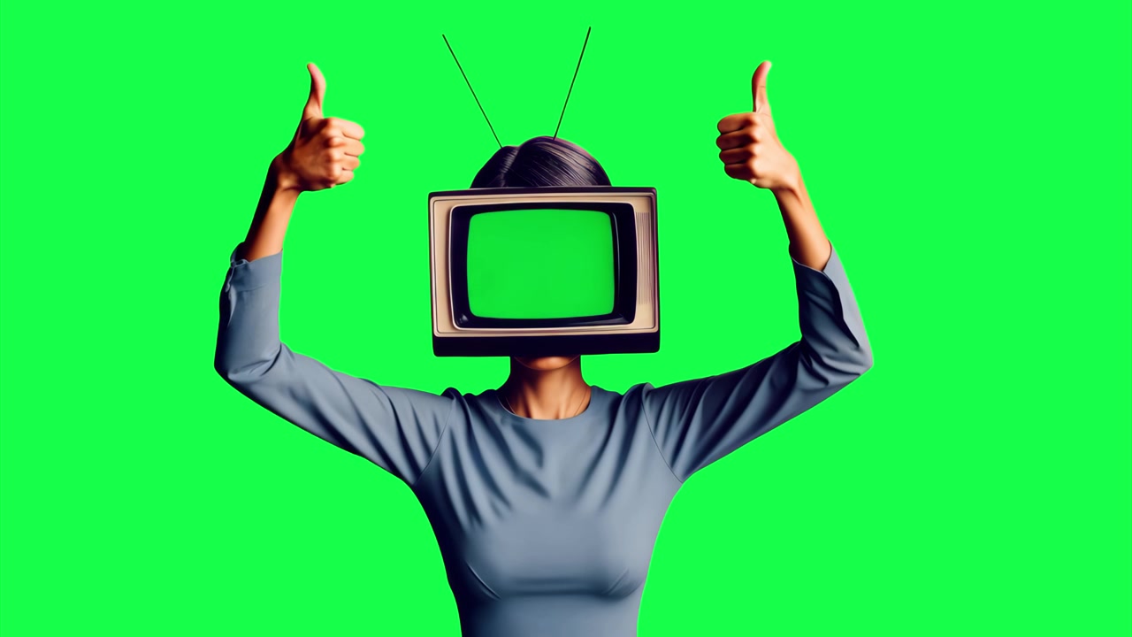 Pessoa com Cabeça de Televisão Vintage Fazendo Sinal de Positivo
