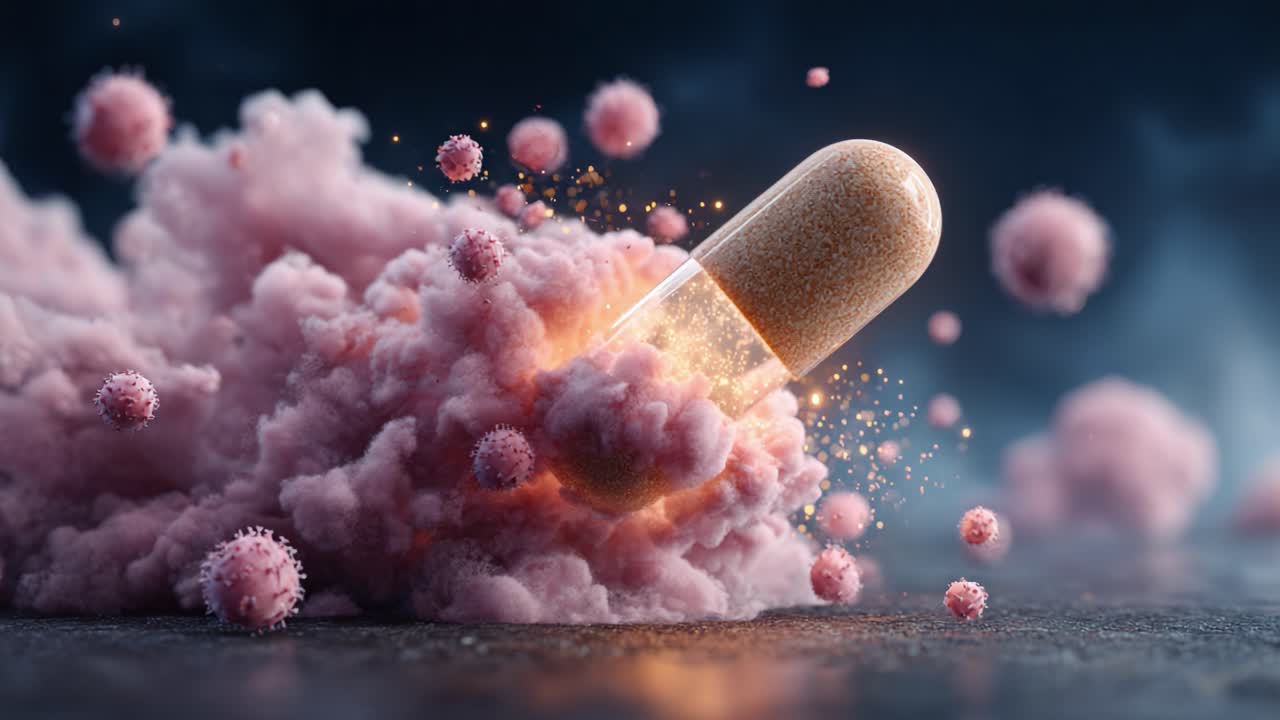 A Vibrant Capsule Surrounded by Dynamic Particles and Microbes Illustrating the Microcosm of Medicine and Science Interplaying in a Dramatic Visualization