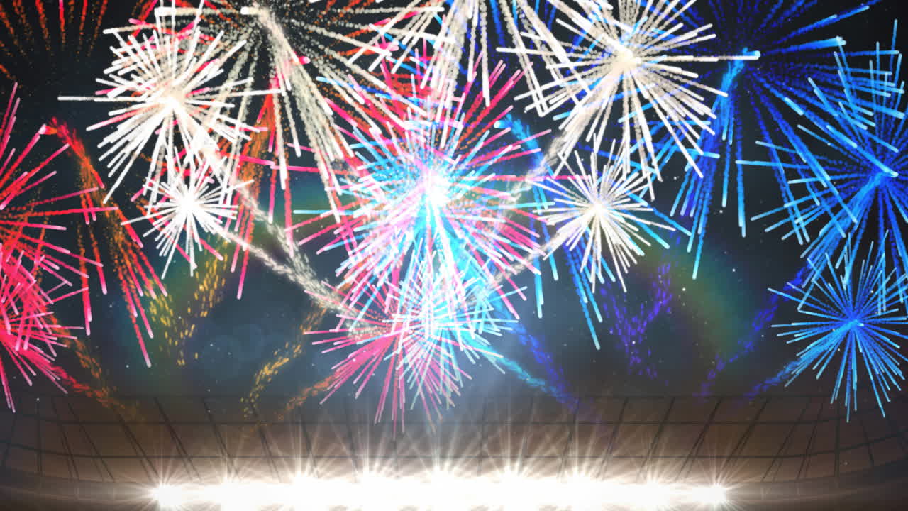 검은 바탕에 폭발하는 다채로운 불꽃놀이와 스포트라이트의 애니메이션