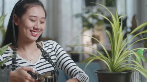 close up of smiling asian woman trimming plants at home