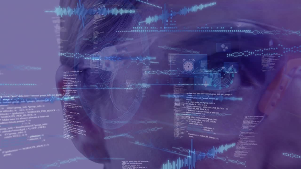 animazione di onda digitale giallo neon contro il primo piano di una donna caucasica che indossa occhiali futuristici