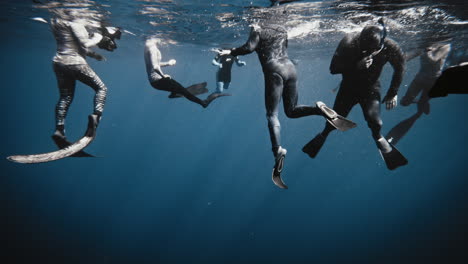 underwater photographers and snorklers wait at surface gathering together