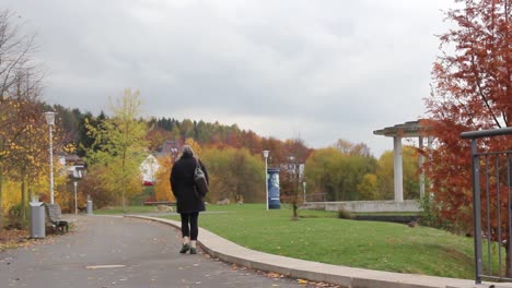 Mujer-En-El-Parque-Relajándose,-Caminando