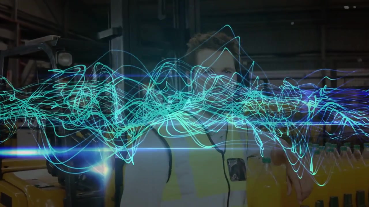 Warehouse worker leaning on forklift as animated waveform sweeping over subject visualizing data
