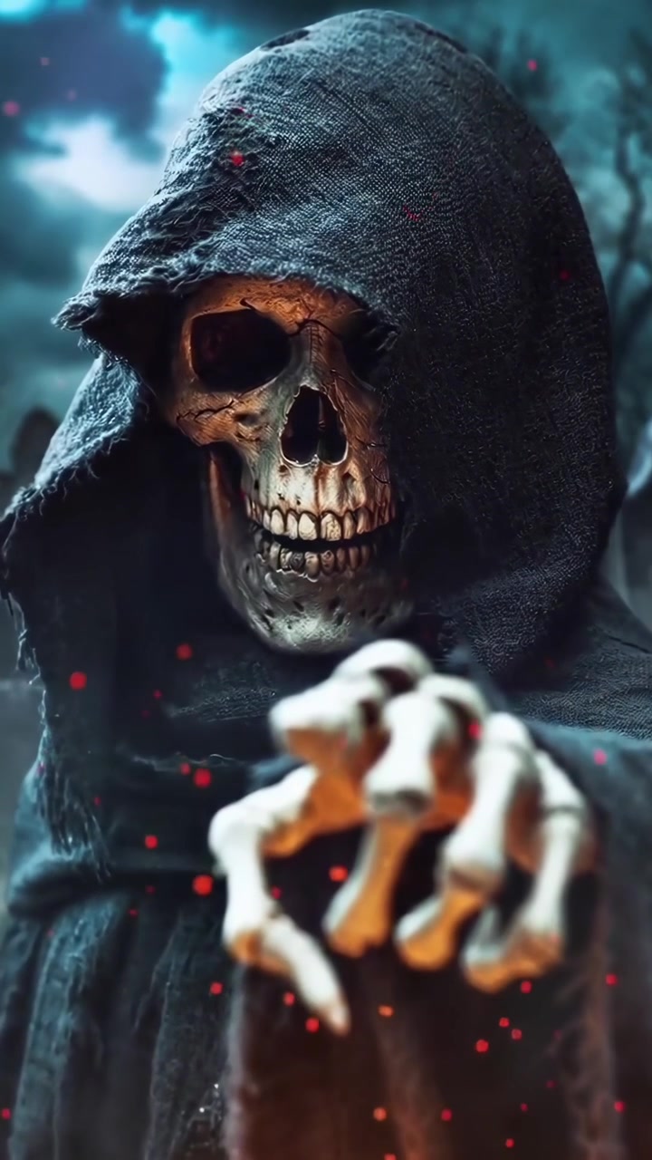 Scheletro Minaccioso del Tristo Mietitore che si Protende in un Cimitero Oscuro