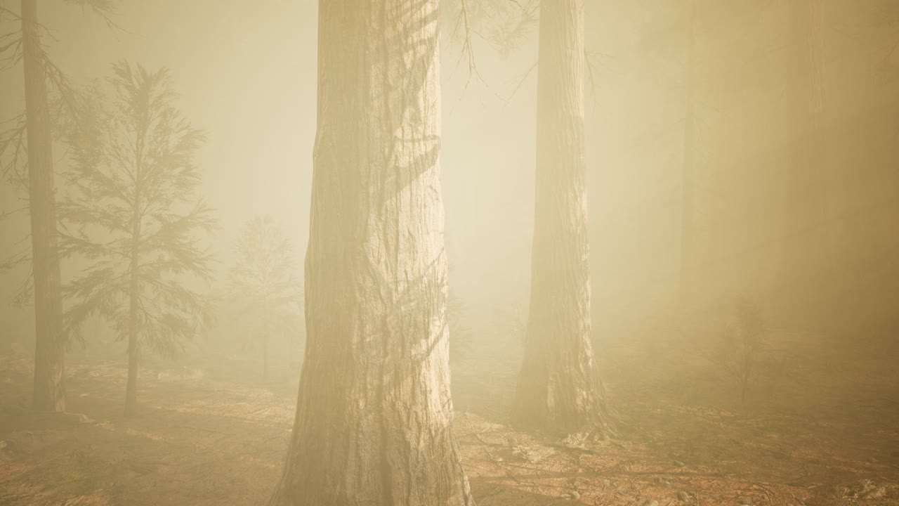 가을의 숲과 아침 안개의 나무