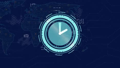animación del reloj de neón sobre el mapa del mundo y procesamiento de datos contra un fondo azul