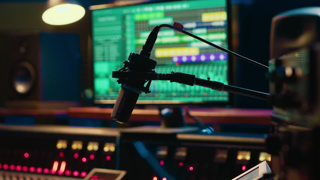 Empty professional recording studio with audio software on pc