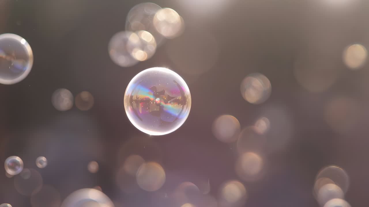 Rotating single iridescent soap bubble at park with small bubbles drifting from left forming trail