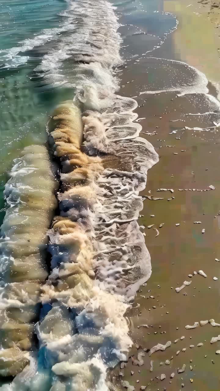 Ocean waves breaking on white sand beach at sunset